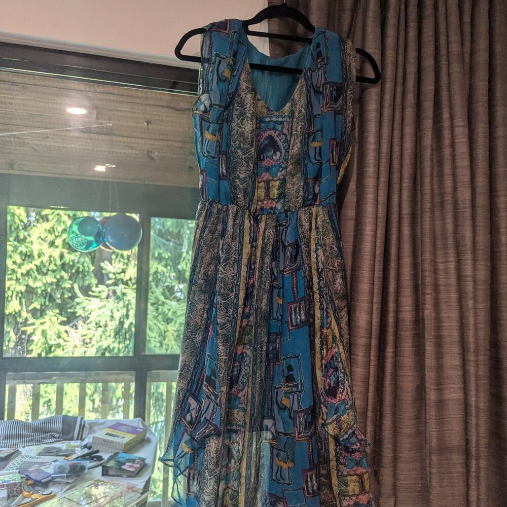 NWOT blue floral silk chiffon high-low dress- US size small